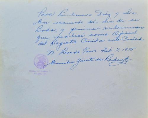 Lado 2 Boda civil Ma. Amaro Ham y Bulmaro Diaz. Feb. 7 de 1975. Dedicatoria.