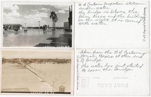 Tarjetas postales con imágenes de la creciente de 1948 vista desde Laredo Texas.